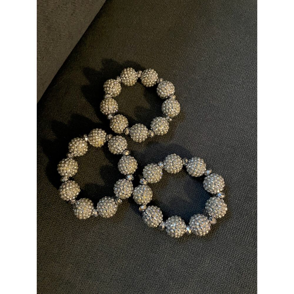 Set of 3 Silver Clear Rhinestone Pave Ball Stretch Bracelets - Picture 3 of 5
